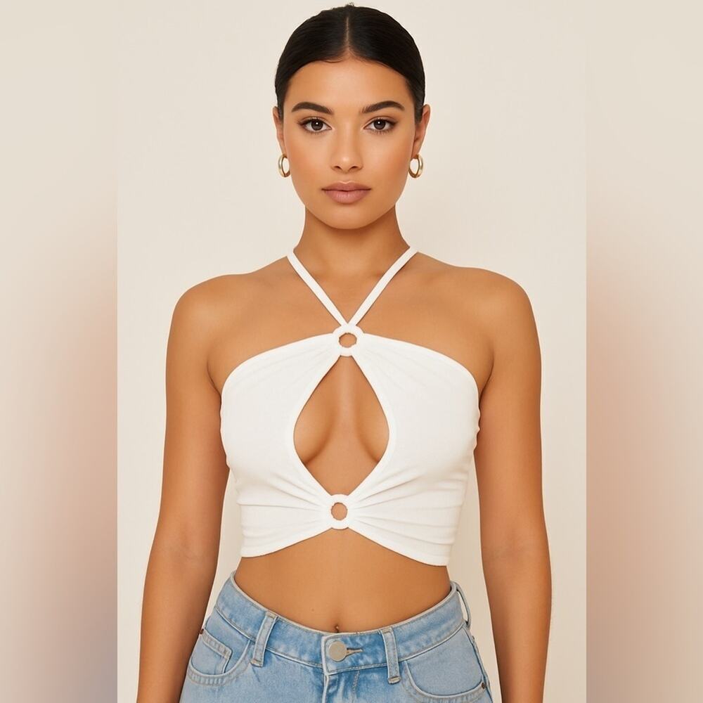 PrettyLittleThing Women's White Mesh Ring Strappy Crop Top Size 6- NWT